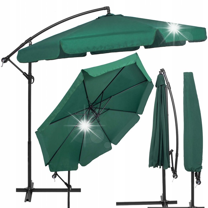 Umbrela de gradina, 350cm, verde, cu mecanism de invartire, set cu husa