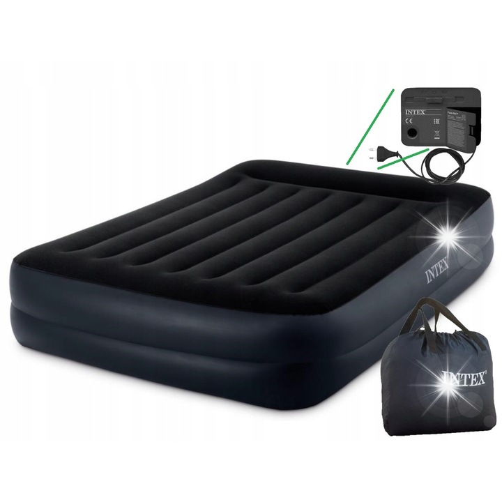 Къмпинг матрак с вградена помпа, Intex, 203x152x42см, за 2 души, материал велур, включва чанта за носене