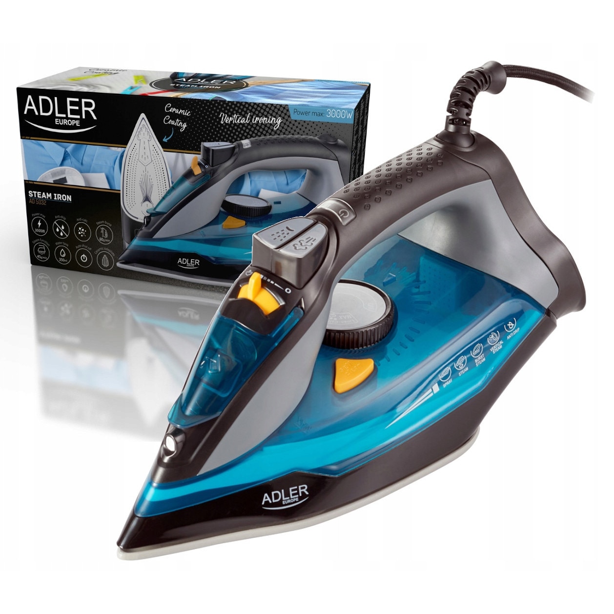Fier de calcat cu abur ADLER AD 5032, 5 functii, 3000W, 350ml, ceramica