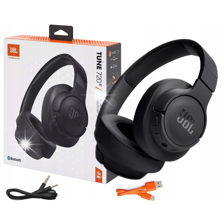 Безжични слушалки JBL Tune 720BT, черни, сгъваема конструкция, 76 часа живот на батерията, Bluetooth 5.3, пълен комплект