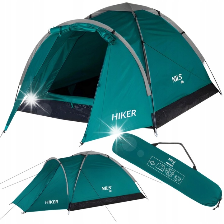 Cort camping 2 persoane, Nils, waterproof, verde, 70x150x105cm, set cu husa