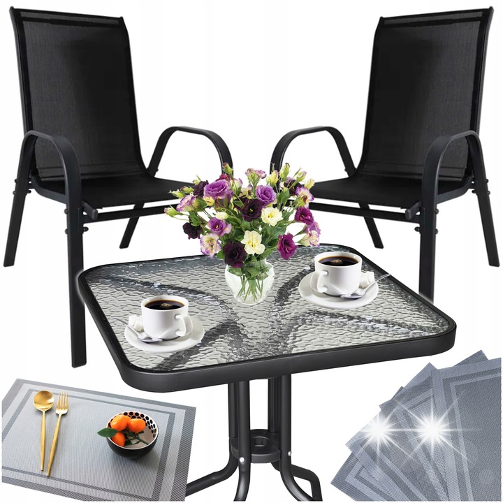 Set mobilier gradina, 2 scaune, masa cu blat din sticla, 4 suporturi, 51x68x84cm, 60x60x70cm, multicolor