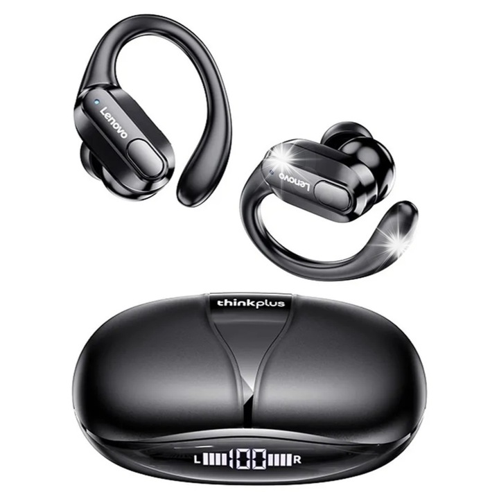 Casti wireless Lenovo Thinkplus LivePods XT80 TWS, Bluetooth 5.3, IPX4, etui incarcare cu afisaj LED, Deep Bass, autonomie 6 h, negru