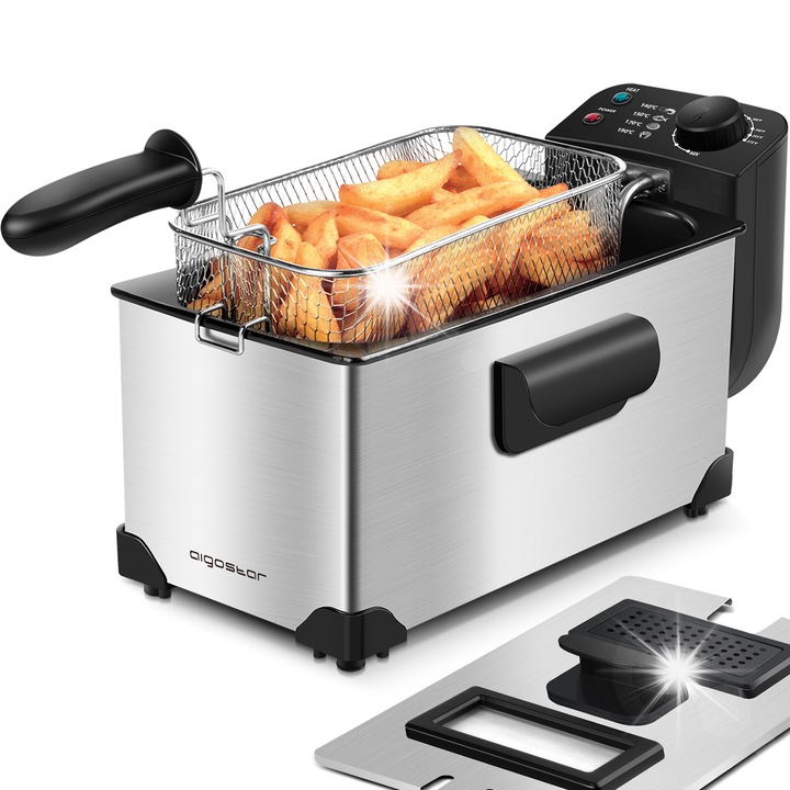 Aigostar olajsütő, 3L, 2200W, inox, kosárral és olajtartállyal