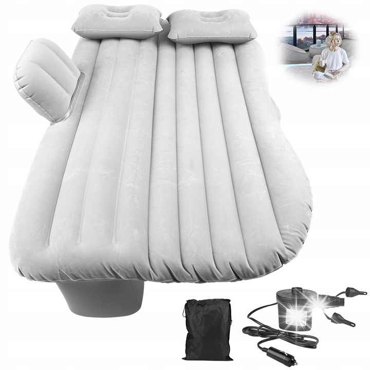 Къмпинг матрак за 2 души, размери 136x85см, с вградена възглавница, помпа 12V, сив