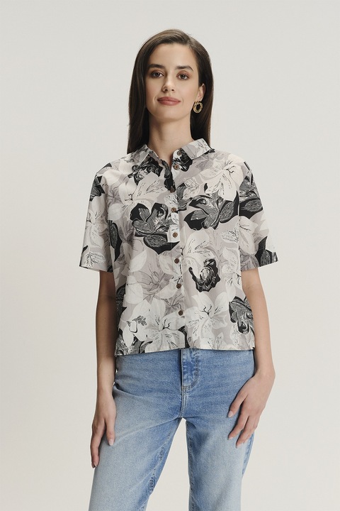 GreenPoint, Camasa cu imprimeu si maneci scurte, Gri deschis/Alb murdar/Gri inchis