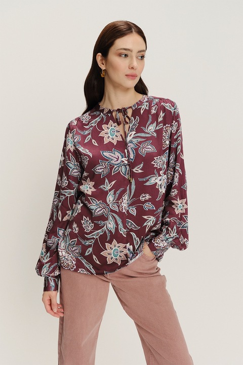 GreenPoint, Bluza cu imprimeu floral, Alb/Visiniu/Albastru