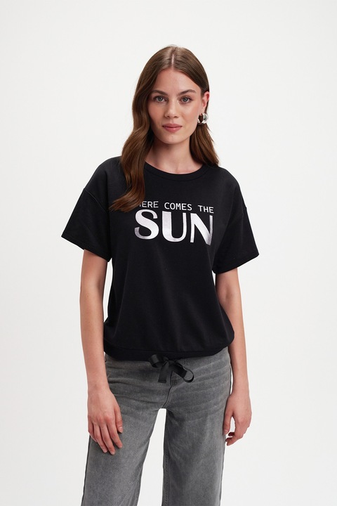 Top Secret, Tricou cu imprimeu text si terminatie ajustabila, Alb/Negru