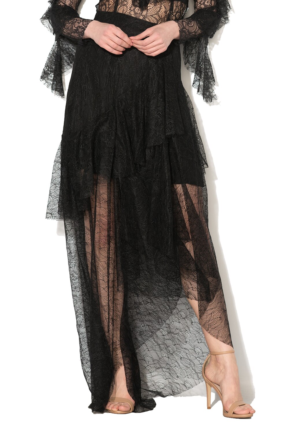 NISSA, Fusta maxi din dantela si slit frontal, Negru, L