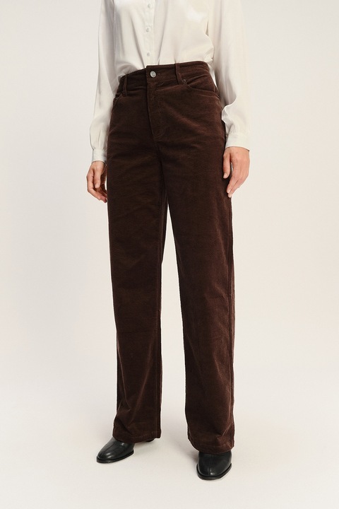 GreenPoint, Pantaloni din reiat si talie inalta, Maro inchis