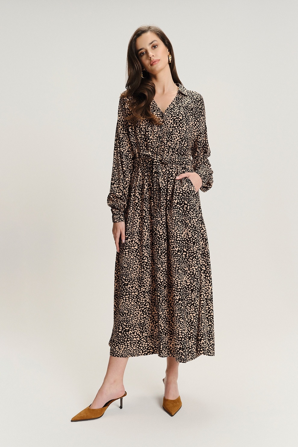 GreenPoint, Rochie-camasa din amestec de modal si model, Negru, Bej, 44