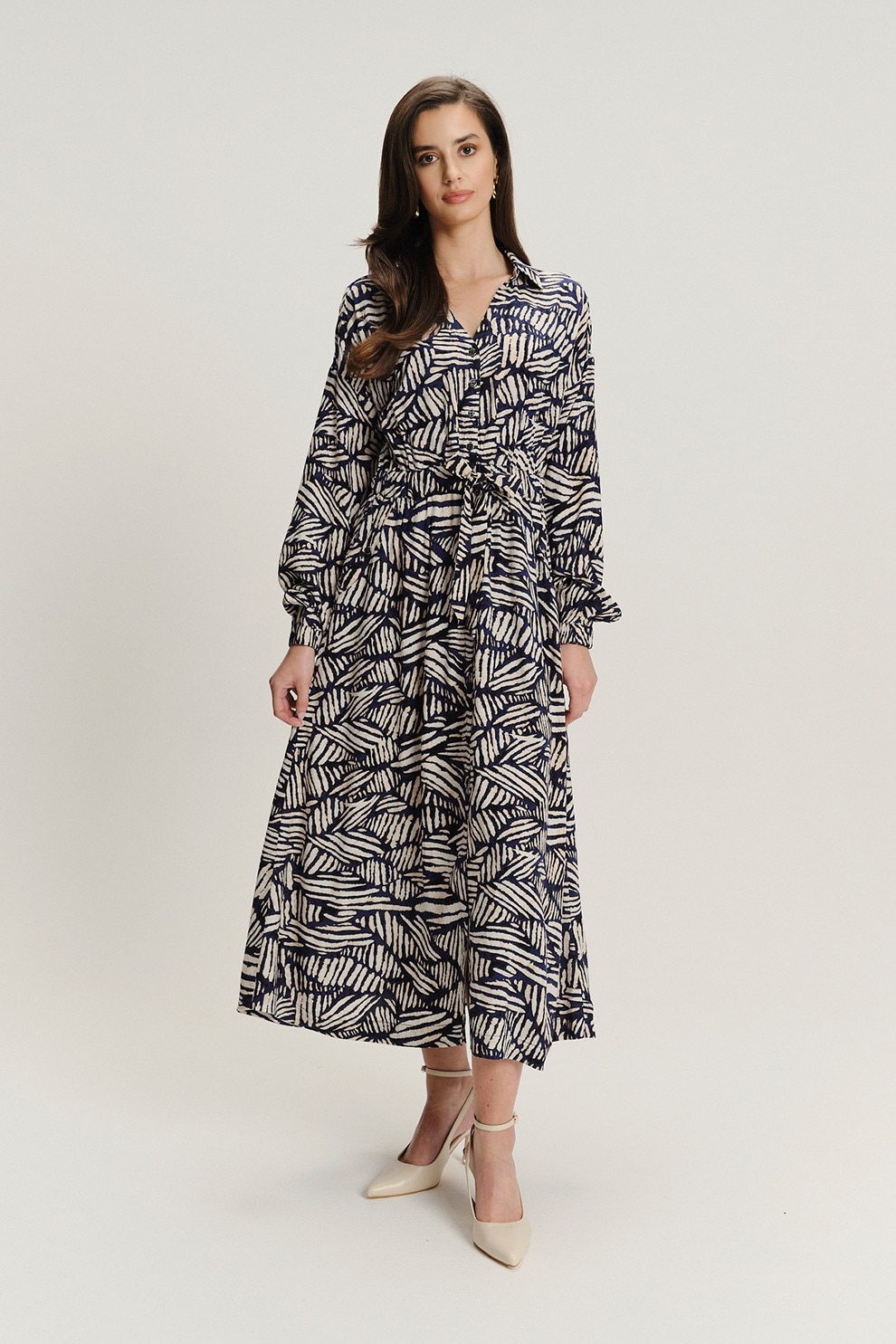 GreenPoint, Rochie-camasa din amestec de modal si model, Alb fildes, Albastru inchis, 42