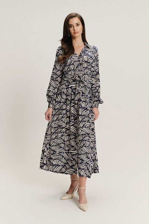 GreenPoint, Rochie-camasa din amestec de modal si model, Alb fildes/Albastru inchis