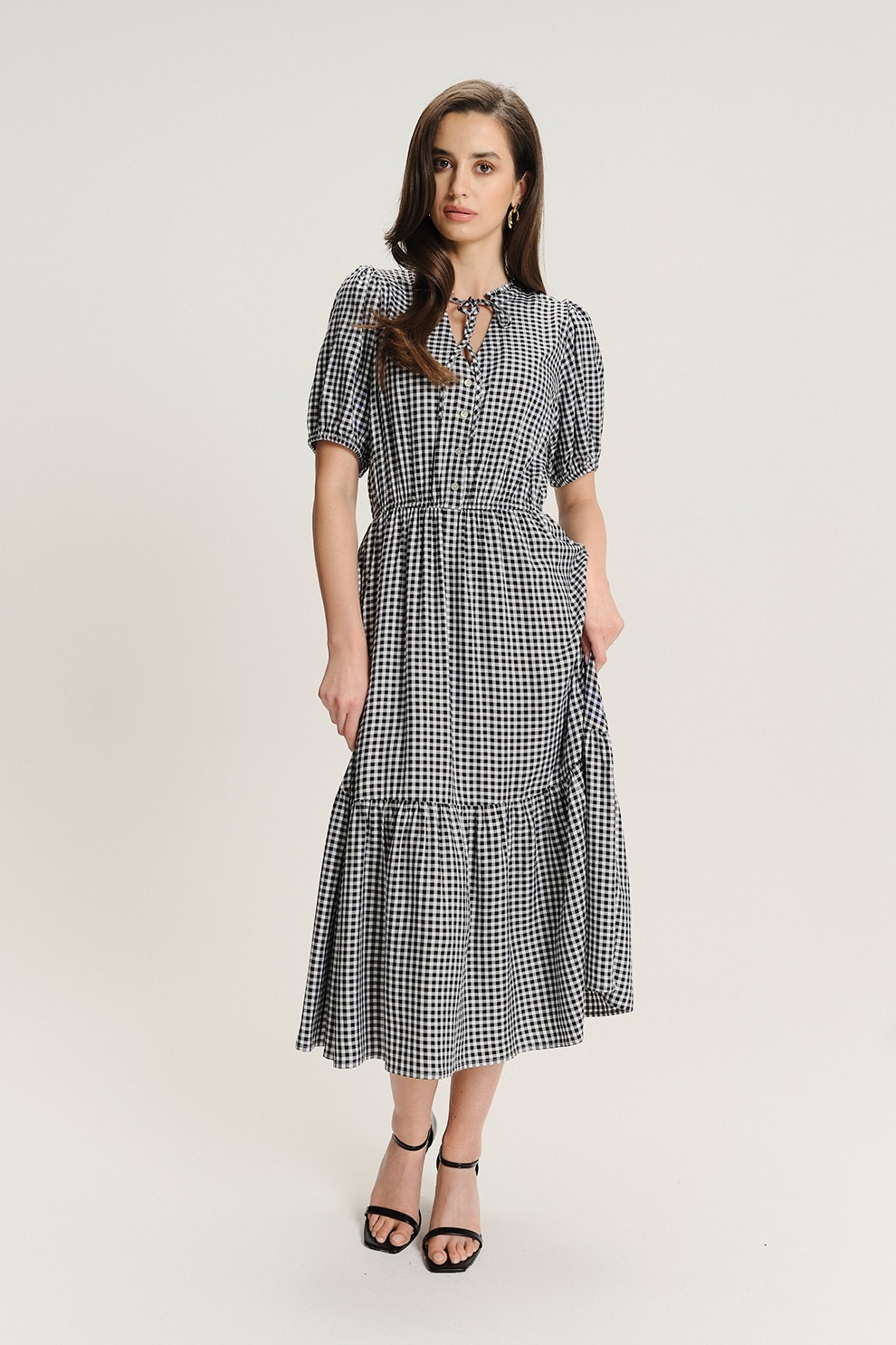 GreenPoint, Rochie cu croiala in A si maneci bufante, Alb, Negru, 44
