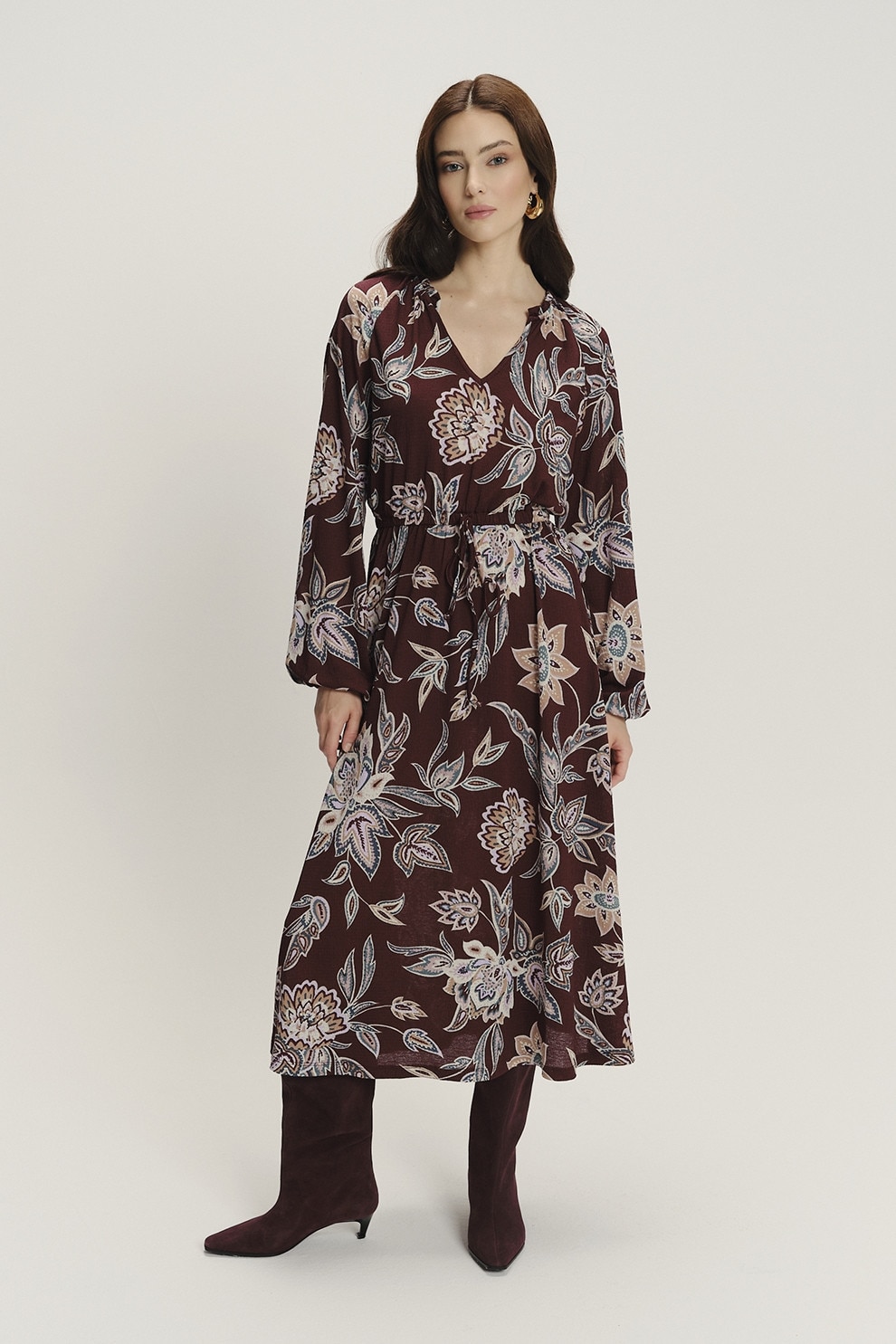 GreenPoint, Rochie cu talie ajustabila si model, Visiniu, Albastru lavanda, Bej, 40