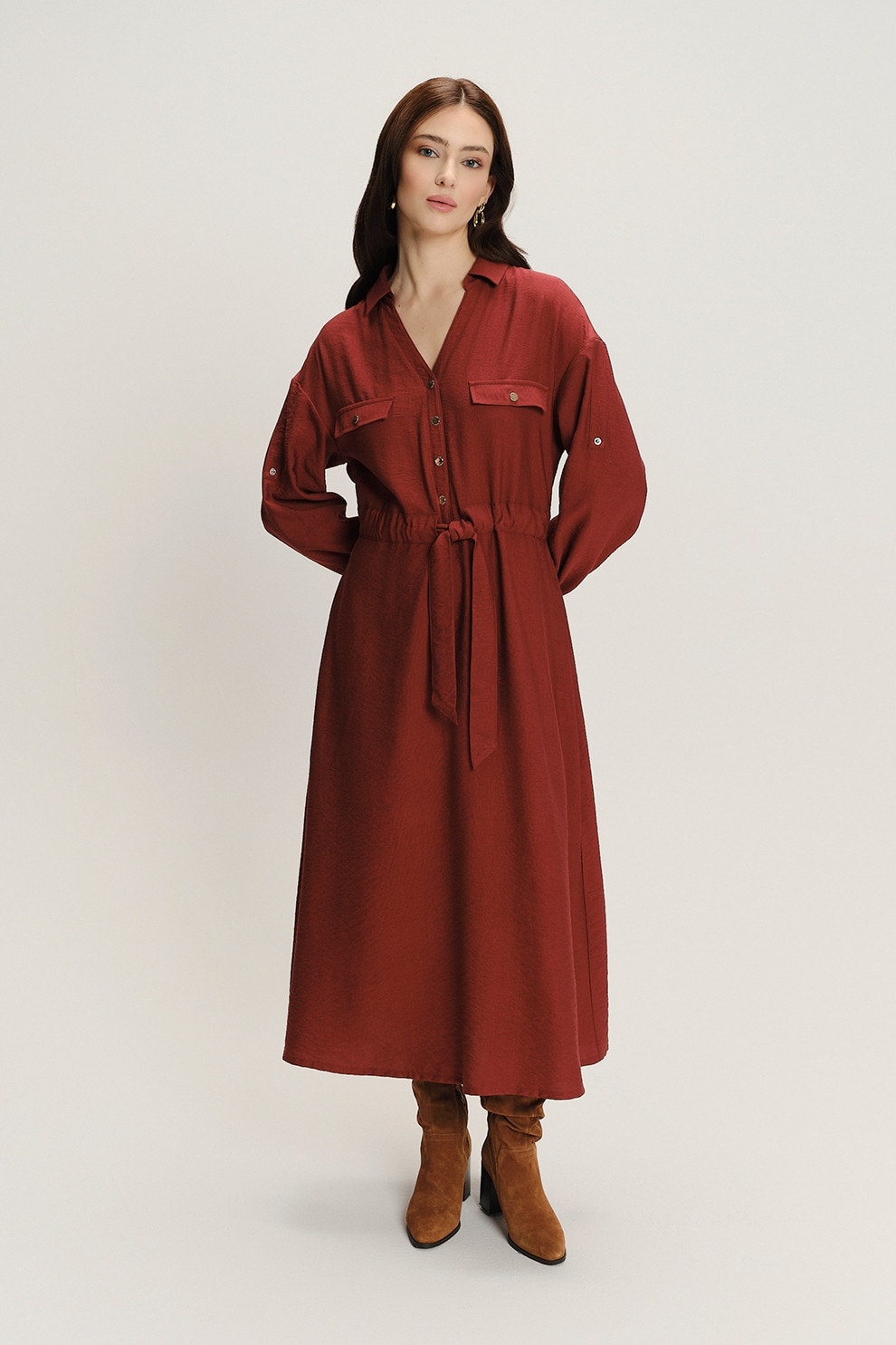 GreenPoint, Rochie cu talie ajustabila si maneci lungi, Rosu inchis, 34
