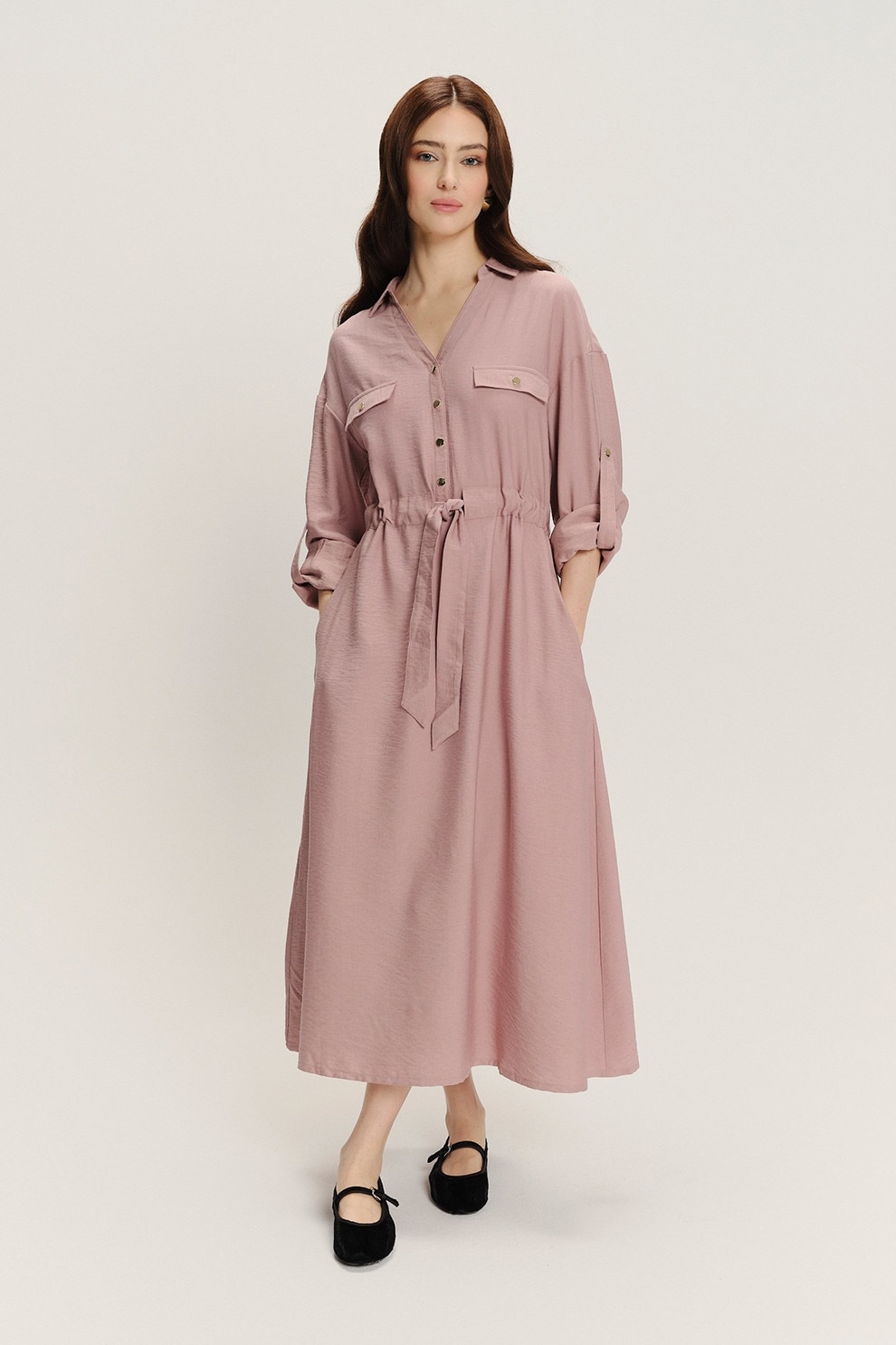 GreenPoint, Rochie cu talie ajustabila si maneci lungi, Roz prafuit, 40