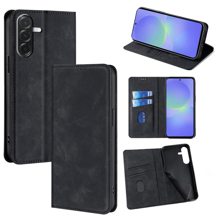 Husa Deluxe compatibila cu Samsung Galaxy A16 – Tip Carte, Piele Ecologica Negru, Functie Stand si Protectie 360