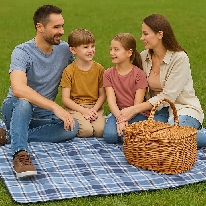 Patura de picnic BE-ACTIVE.PL 200x200cm, model in carouri albastre si gri