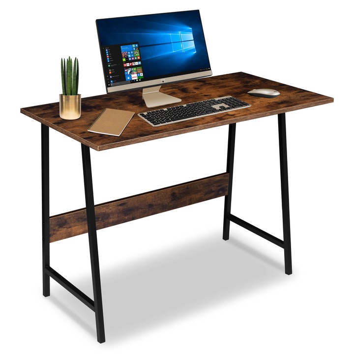 Birou computer loft SKAGEN RUSTIC, negru cu blat din lemn postarz, 100x50cm, design vintage, compact