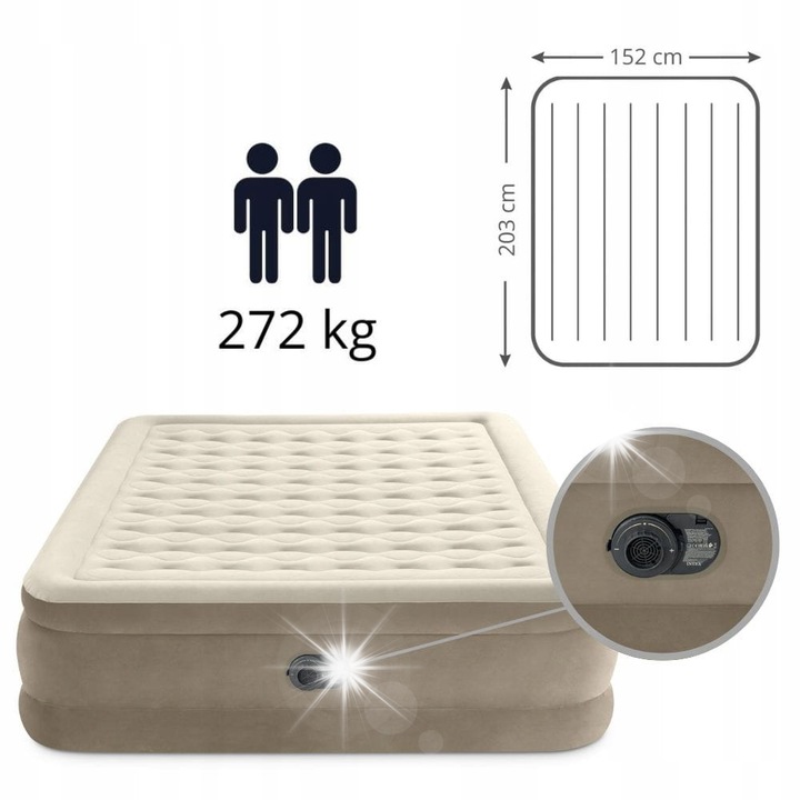 Двоен надуваем матрак за къмпинг с електрическа помпа, Intex, 203x152x46см, бежов, с чанта за пренасяне