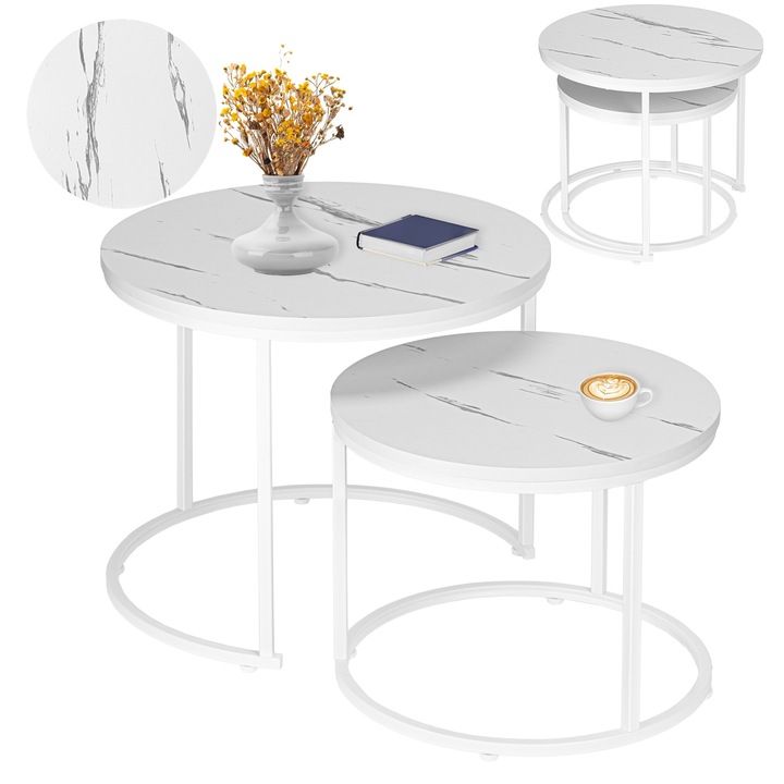 Комплект от две маси LoftInspired, Galen Small, мрамор, размери 53x53см и 43x42см, ПДЧ/метал