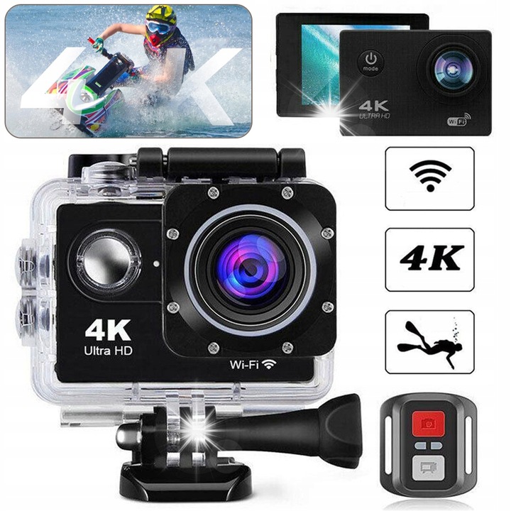 Camera sport 4K Ultra HD, rezistenta la apa, set de prinderi si accesorii, neagra, 59,3x24,6x41,1mm