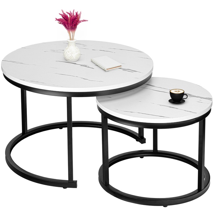 Комплект от две маси Лофт, Гален, бял мрамор, 39,5x50см / 47x70см, метални