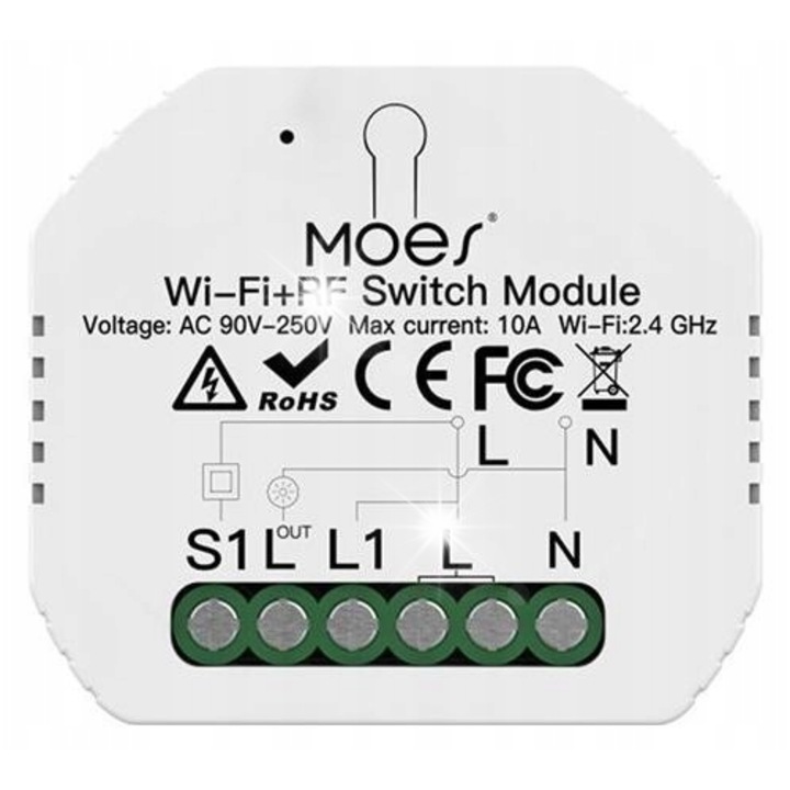 Modul inteligent de comutare WiFi Moes, 1500W, 47x52x18mm, set cu suport pentru montaj pe sina DIN