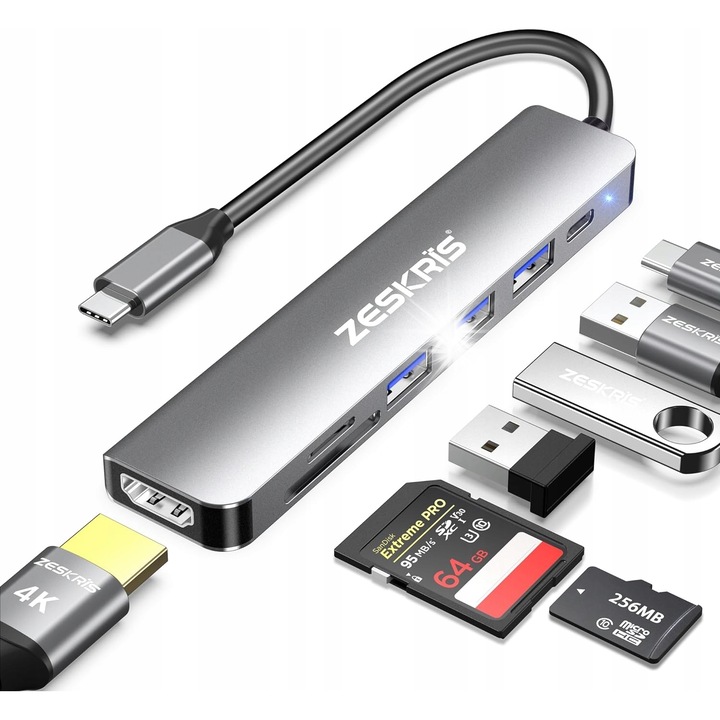 Adapter HUB USB-C 7w1, HDMI 4K, USB 3.0, 2x USB 2.0, cititor SD/micro SD, Space Grey