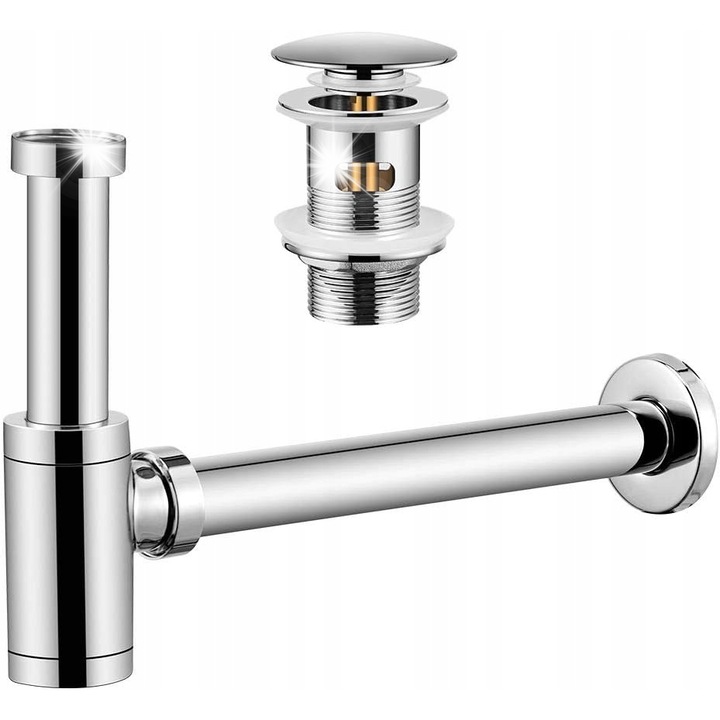Sifon POP-UP universal cu set de scurgere pentru chiuvete, 32mm, inox, argintiu