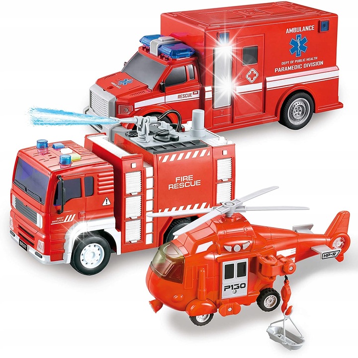 Set de vehicule Joyin: Ambulanta, Masina de pompieri, Helicopter, rosu, dimensiuni 20x10x8cm, 20x11x8cm, 18x8x8cm