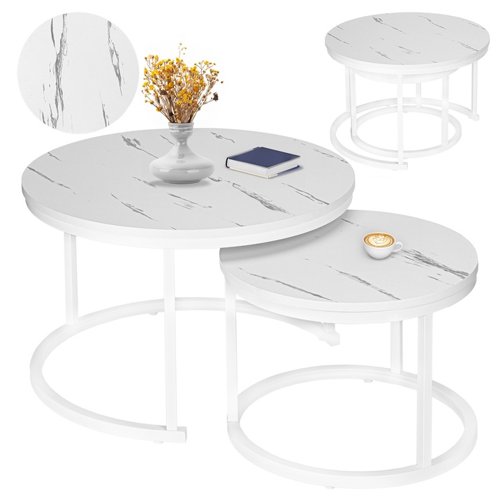 Комплект от две масички, LoftInspired, бял, бял мрамор, 70x70см / 50x50см