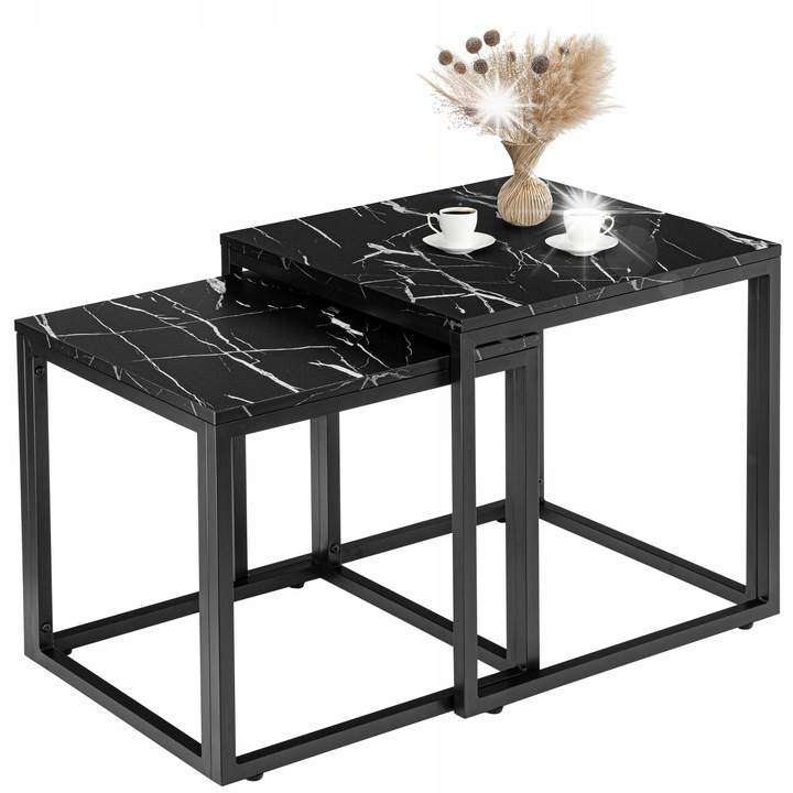 Комплект маси Praven, черен мрамор, 50x50см, 2 маси, метална конструкция