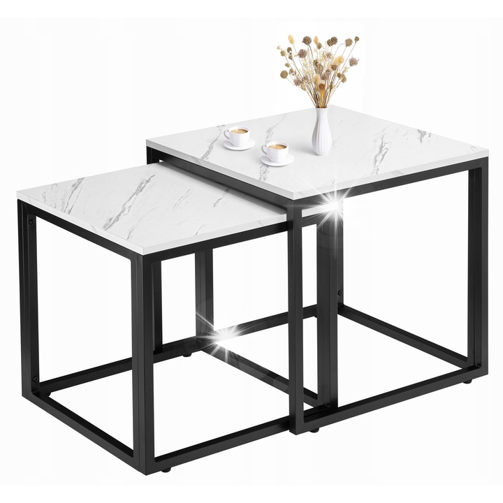 Комплект 2 Маси за Кафе, Бял Мрамор, Черен Метал, 50x50см, 45x45см