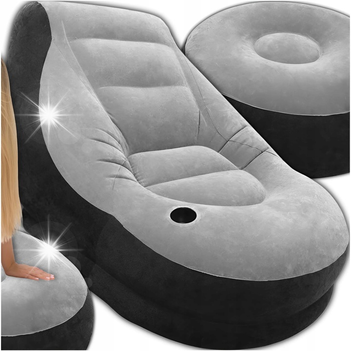 Надуваем фотьойл Memflow с подложка за крака, градина и плаж, сиво-кремав, 130x99x76cm