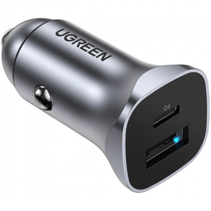 Incarcator auto Ugreen, CD130 USB Type-C x 1 Output 5V/3A QC3.0, USB x 1 Output 5V/3A, total output 30W, pt. bricheta auto, gri