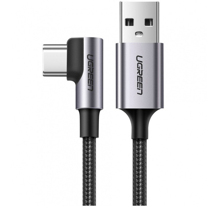 Cablu alimentare si date Ugreen, US284, Fast Charging Data Cable pt. smartphone, USB la USB Type-C 3A Angled 90°, braided, 1m, negru