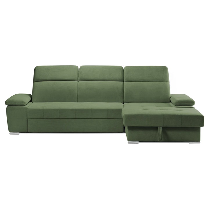 Coltar Extensibil TRENDY, Dreapta, cu lada de depozitare si tetiere reglabile, 295x170x105 cm, Verde - Memphis
