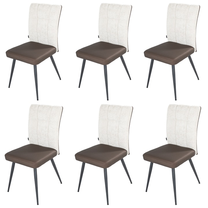 Set 6 scaune DENVER Tivoli, maro cu bej, picioare metalice negre, tapitat piele ecologica si stofa, 46x56x92 cm