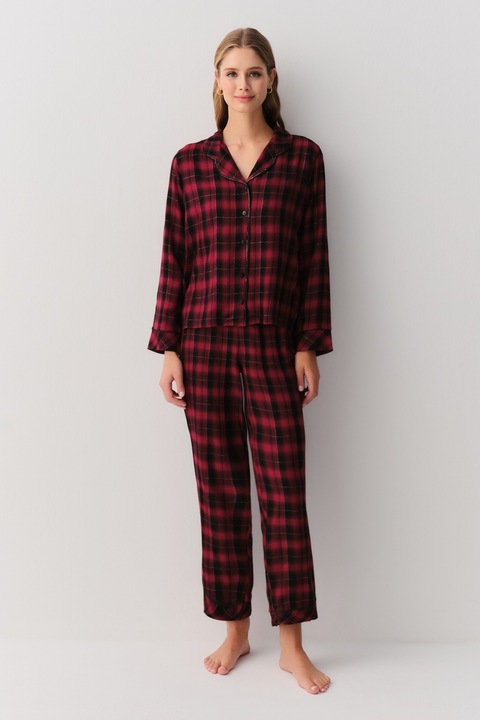 Suwen, Pijama regular fi cu nasturi si model in carouri, Rosu inchis