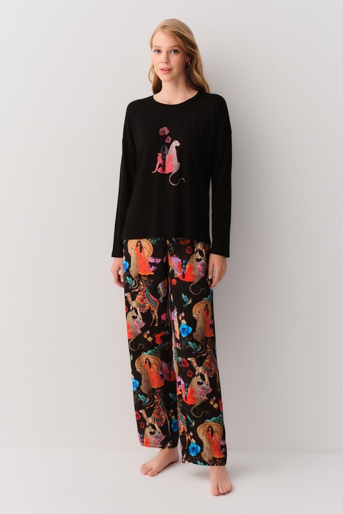 Suwen, Pijama lejera cu imprimeu grafic, Negru/Rosu stins, XL