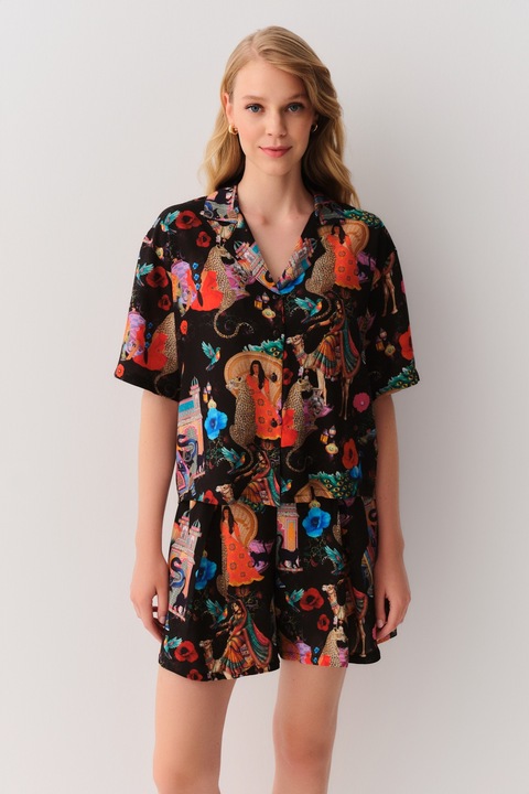 Suwen, Pijama cu maneci scurte si imprimeu grafic, Negru/Portocaliu mandarina/Albastru petrol