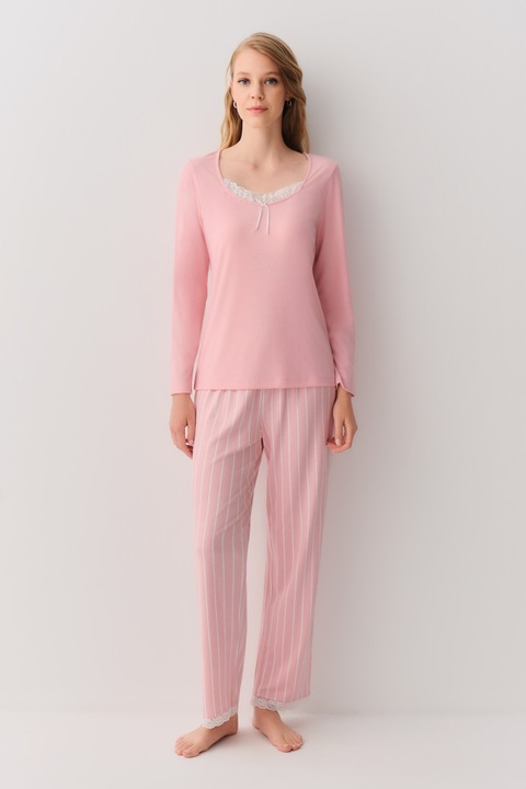 Suwen, Pijama cu pantaloni cu model in dungi Ella, Roz pastel