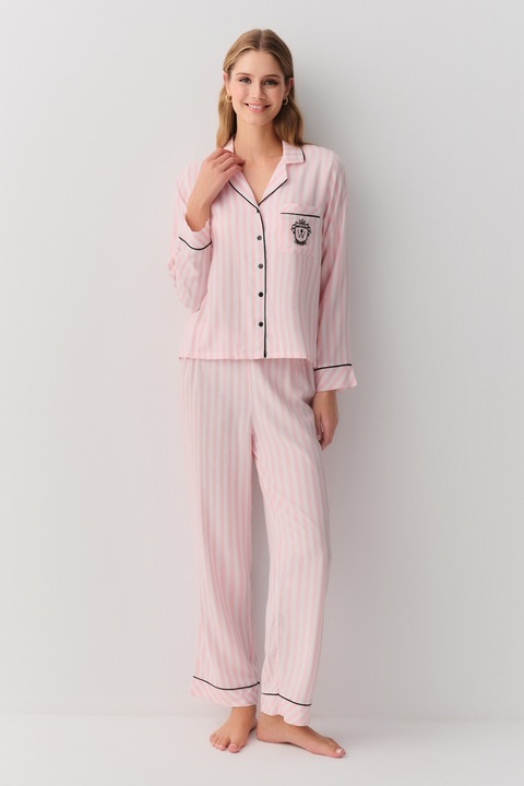 Suwen, Pijama cu maneci lungi si model in dungi, Roz pastel/Negru stins/Alb murdar, XL