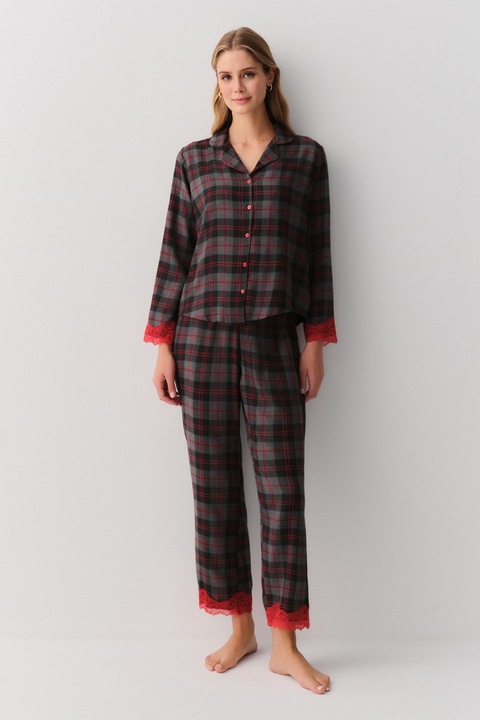 Suwen, Pijama regular fit cu model in carouri si nasturi, Rosu inchis/Gri inchis melange