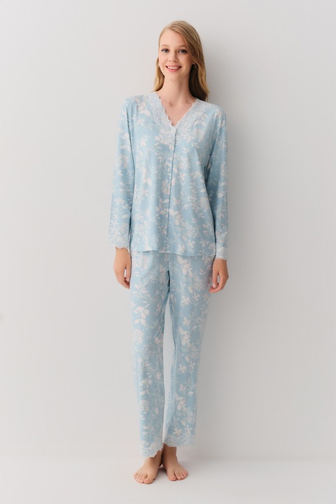 Suwen, Pijama cu model floral si detaliu din dantela, Alb/Albastru pastel