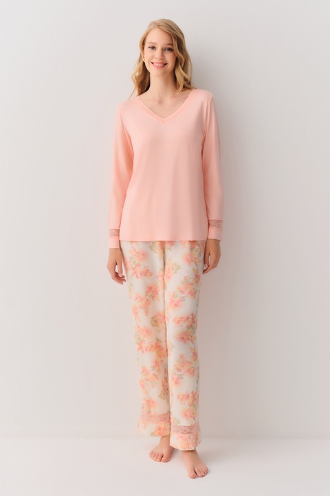 Suwen, Pijama cu decolteu in V si pantaloni lungi, Roz somon