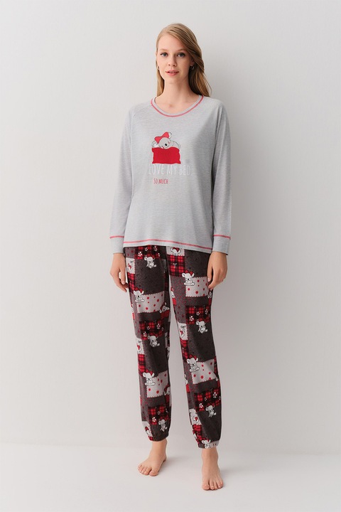 Suwen, Pijama cu pantaloni lungi si imprimeu grafic, Gri deschis/Rosu vermillion, XL