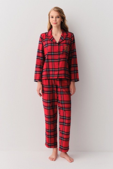 Suwen, Pijama cu pantaloni lungi in carouri, Rosu/Negru/Bleumarin